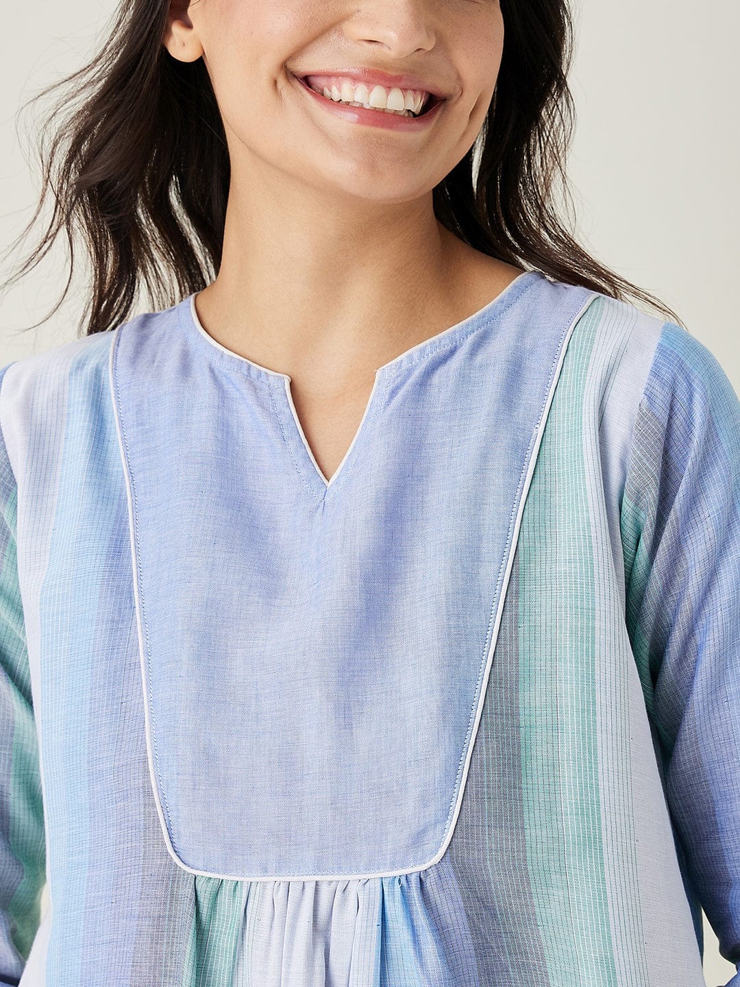 The Kaftan Company Nightdress Pastel Blue Striped Handloom Cotton Nightdress