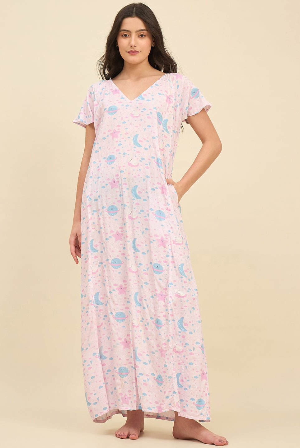 The Kaftan Company Nightdress Pastel Pink Viscose Rayon Nightdress with Cute Space Print