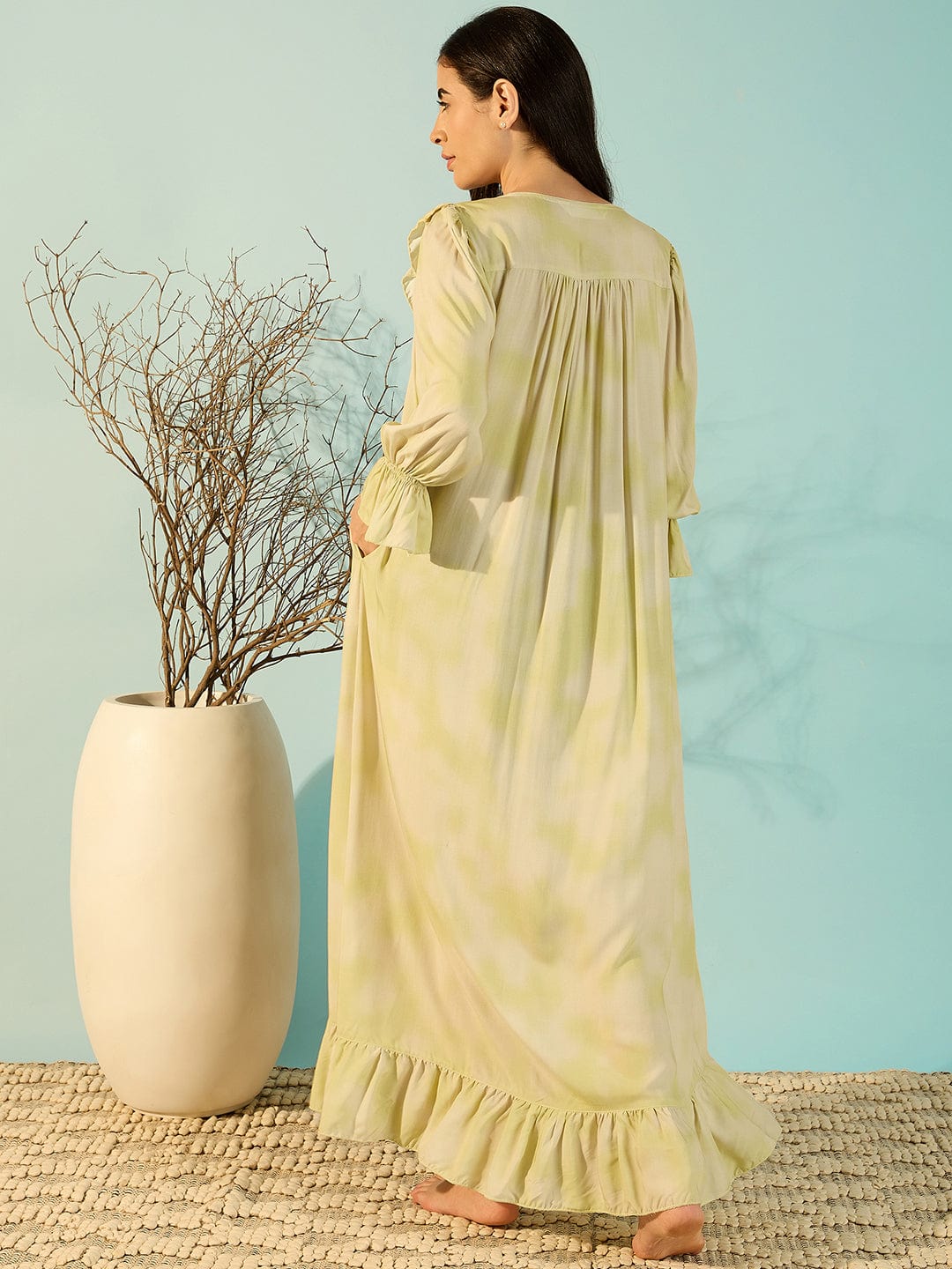 The Kaftan Company Nightdress Pastel Yellow Soft Frill Luxury Night Dress For Women