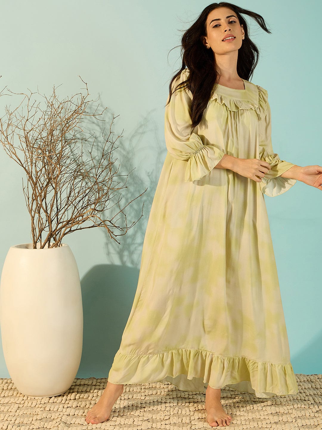 The Kaftan Company Nightdress Pastel Yellow Soft Frill Luxury Night Dress For Women