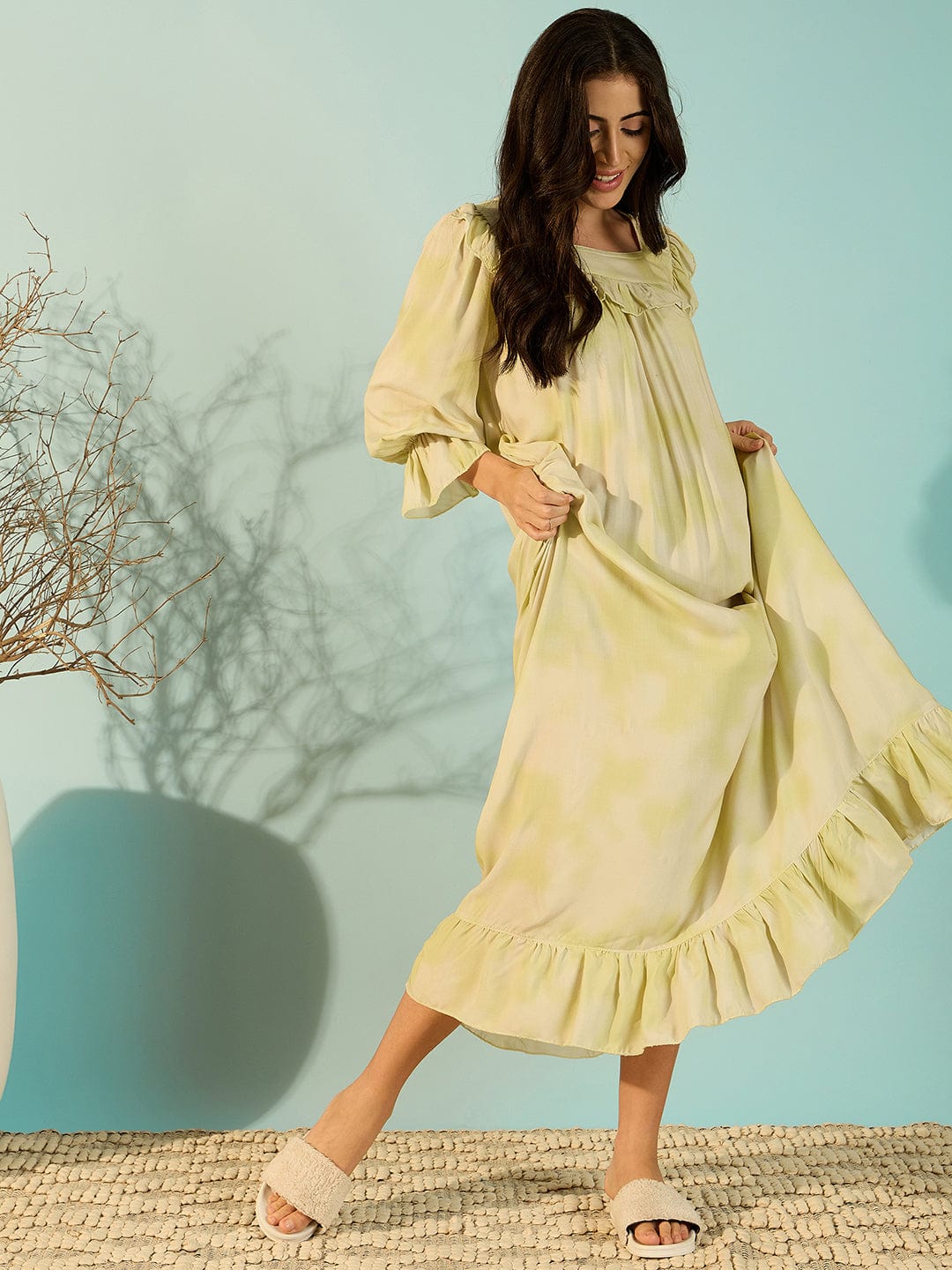 The Kaftan Company Nightdress Pastel Yellow Soft Frill Luxury Night Dress For Women