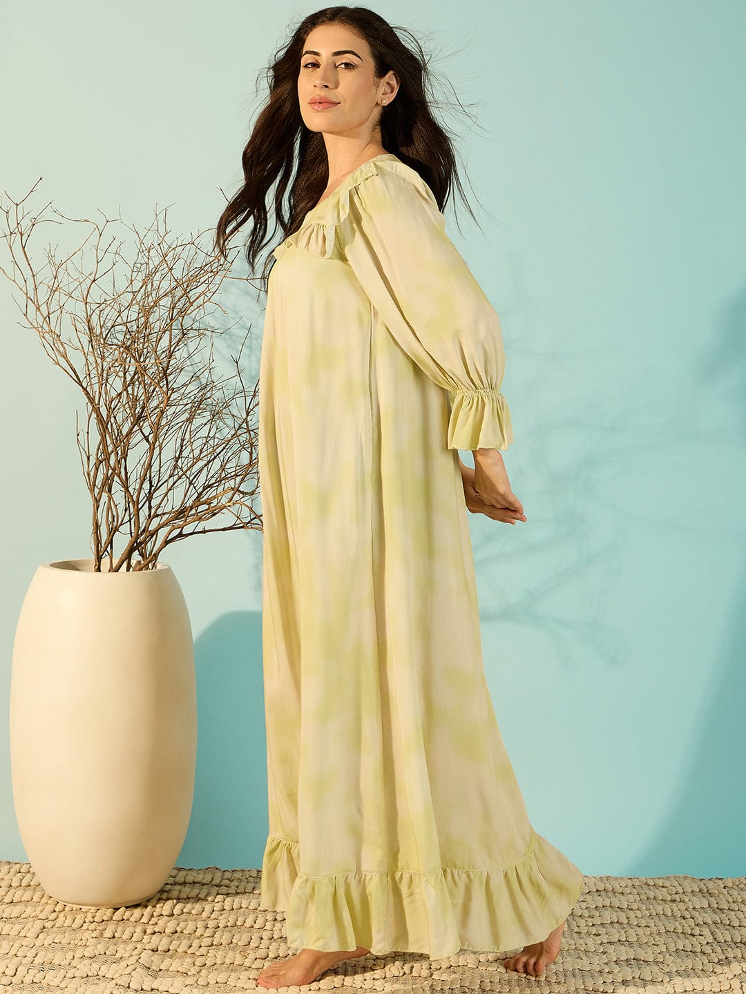 The Kaftan Company Nightdress Pastel Yellow Soft Frill Luxury Night Dress For Women