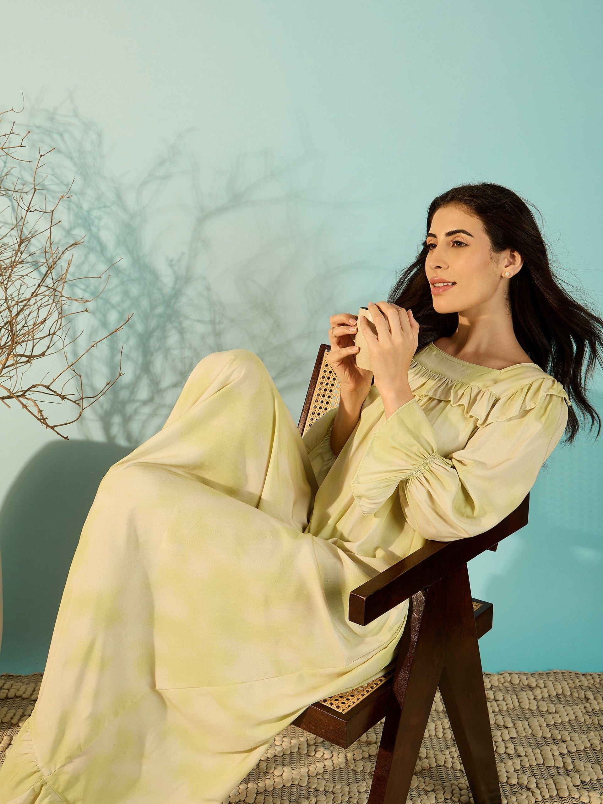 The Kaftan Company Nightdress Pastel Yellow Soft Frill Luxury Night Dress For Women