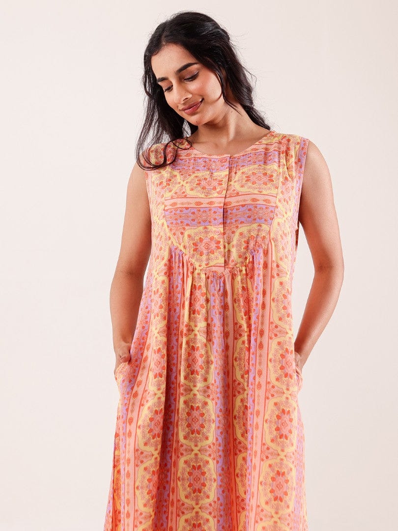 The Kaftan Company Nightdress Peach Printed Viscose Crepe Nightdress