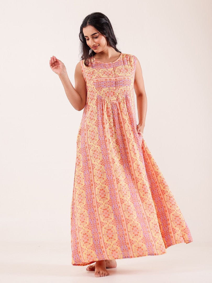 The Kaftan Company Nightdress Peach Printed Viscose Crepe Nightdress