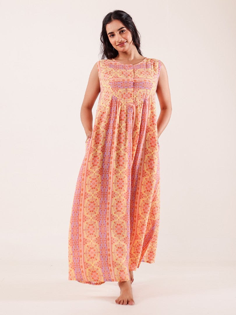 The Kaftan Company Nightdress Peach Printed Viscose Crepe Nightdress