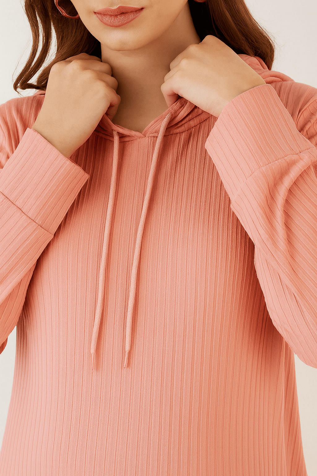 The Kaftan Company Nightdress Peach Ribbed Hoodie Nightdress with Pockets