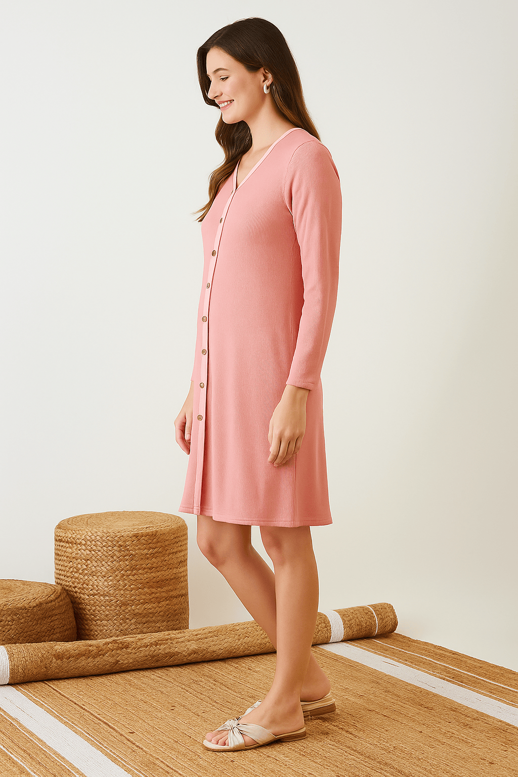 The Kaftan Company Nightdress Peach Ribbed Nightdress with Button-Down Front