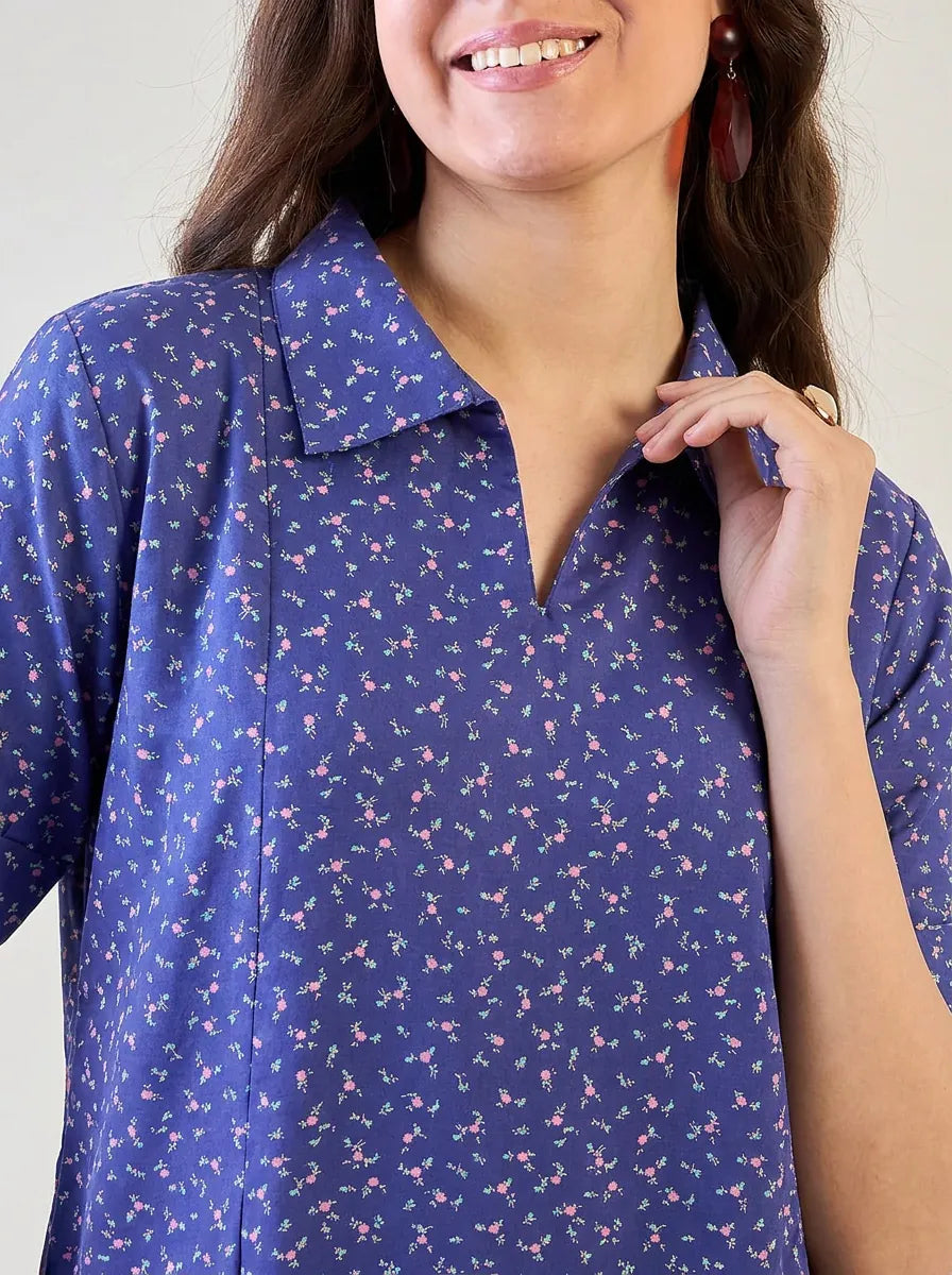 The Kaftan Company Nightdress Periwinkle Blue Floral Cotton Collared Nightdress with Pockets