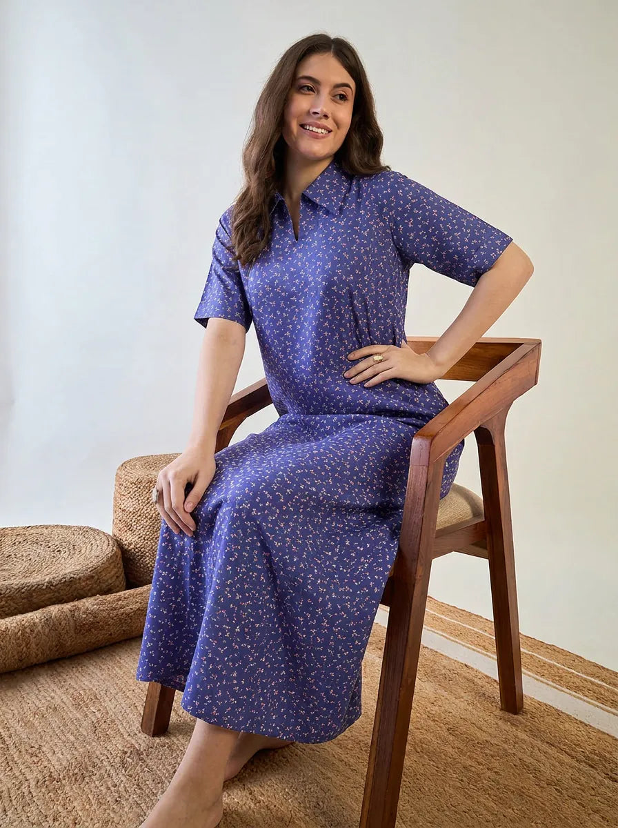 The Kaftan Company Nightdress Periwinkle Blue Floral Cotton Collared Nightdress with Pockets