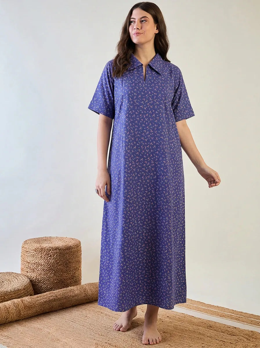 The Kaftan Company Nightdress Periwinkle Blue Floral Cotton Collared Nightdress with Pockets
