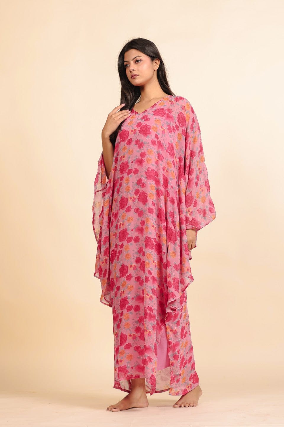 The Kaftan Company Nightdress Pink and Magenta Rose Print Georgette Kaftan Dress