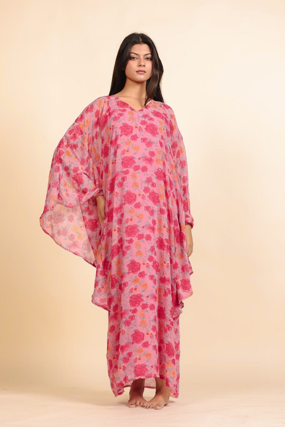 The Kaftan Company Nightdress Pink and Magenta Rose Print Georgette Kaftan Dress