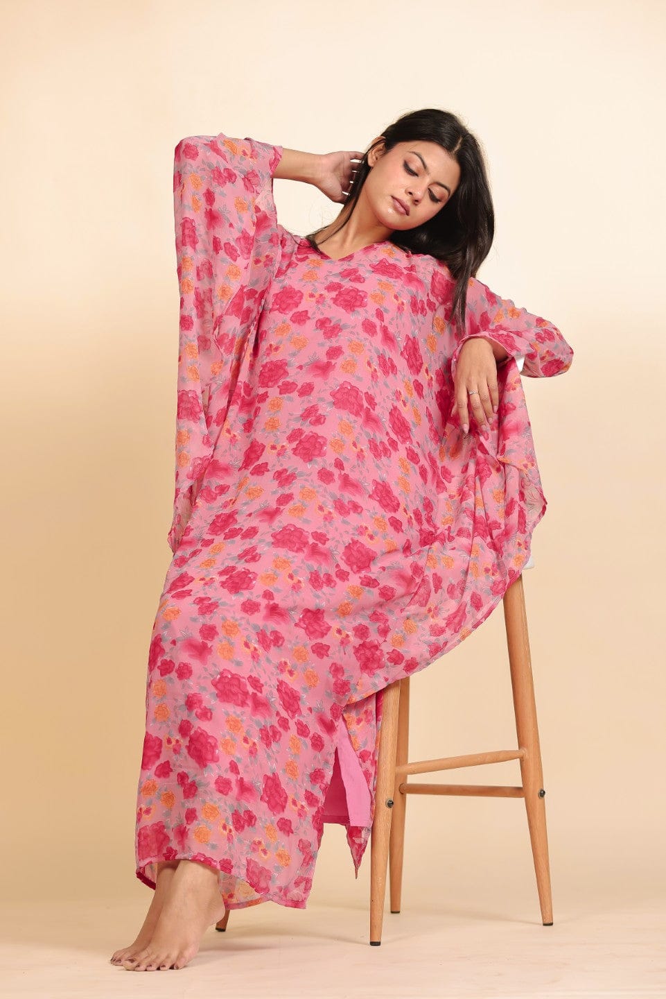 The Kaftan Company Nightdress Pink and Magenta Rose Print Georgette Kaftan Dress
