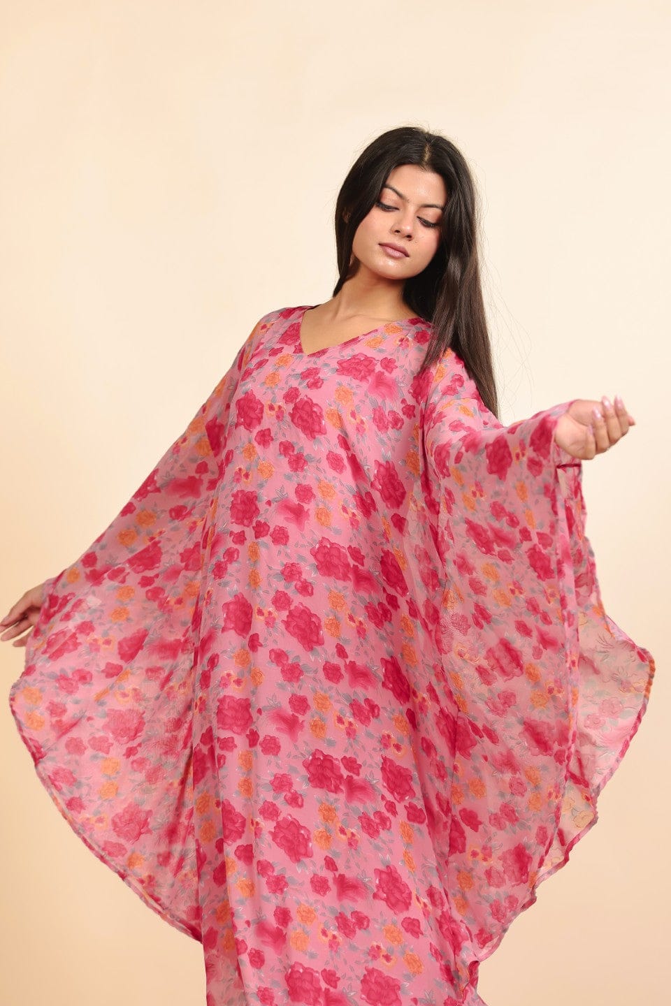 The Kaftan Company Nightdress Pink and Magenta Rose Print Georgette Kaftan Dress