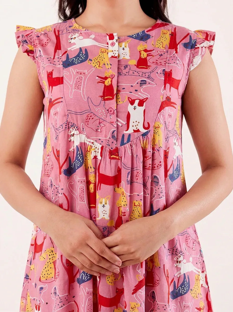 The Kaftan Company Nightdress Pink Animal Print Nightdress with Ruffle Sleeves