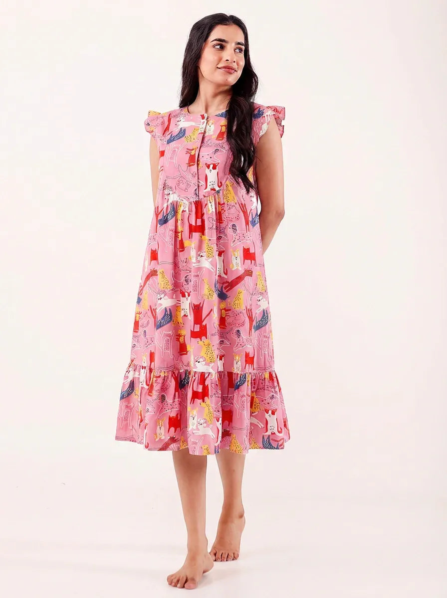 The Kaftan Company Nightdress Pink Animal Print Nightdress with Ruffle Sleeves