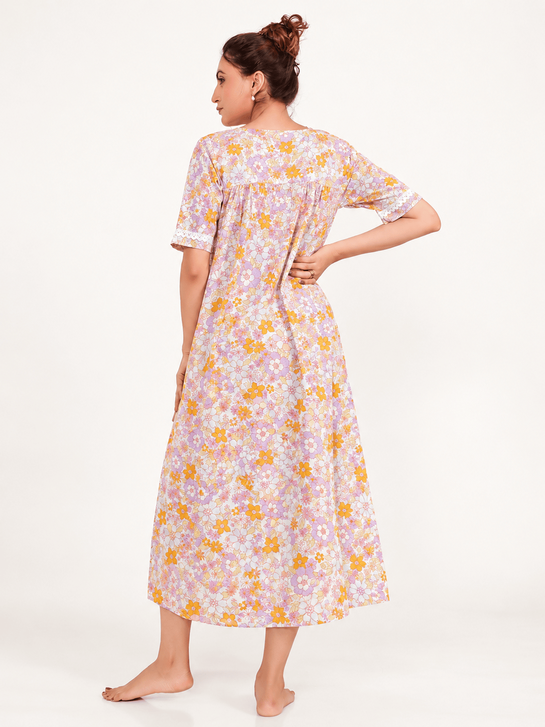 The Kaftan Company Nightdress Pink Floral Cotton Button-Front Nightdress with Lace Trim