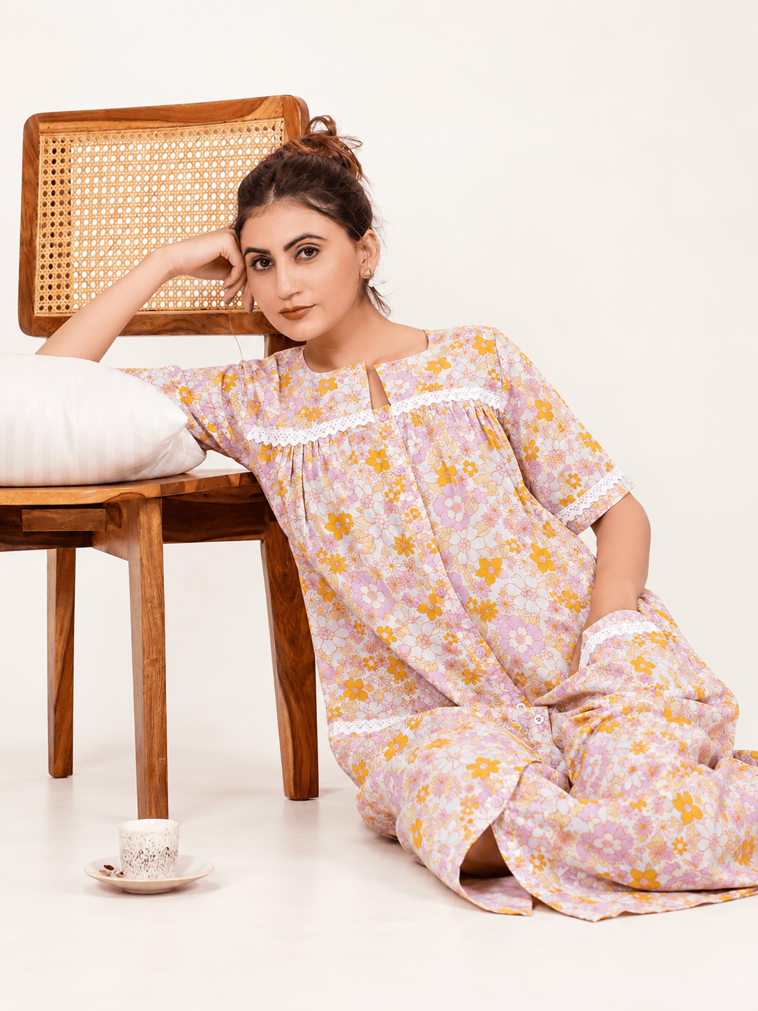 The Kaftan Company Nightdress Pink Floral Cotton Button-Front Nightdress with Lace Trim