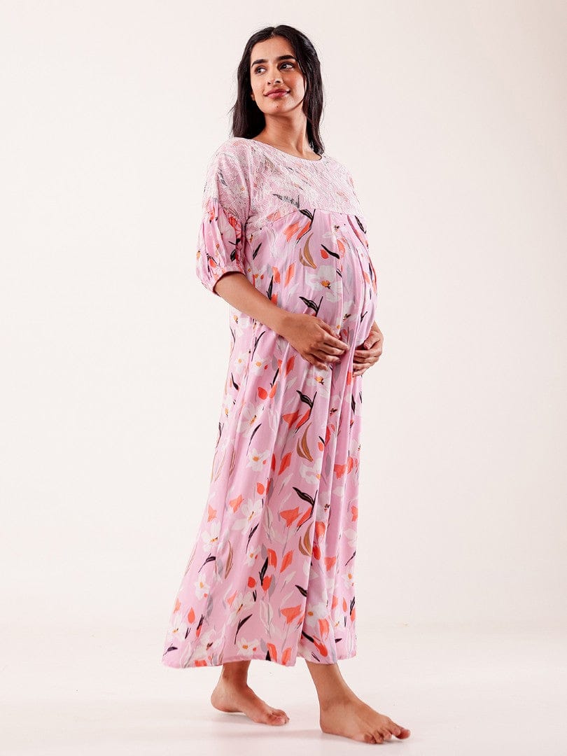 The Kaftan Company Nightdress Pink Floral Printed Maternity Nightgown with Feeding Zipper & Pockets