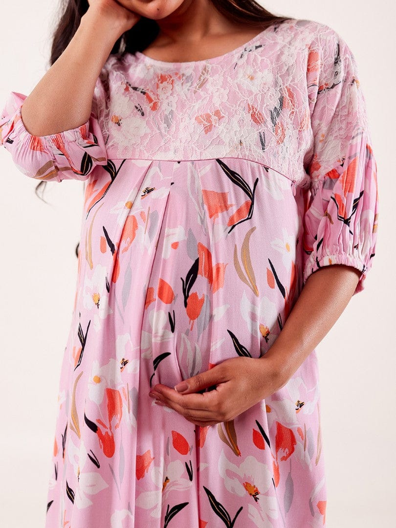 The Kaftan Company Nightdress Pink Floral Printed Maternity Nightgown with Feeding Zipper & Pockets