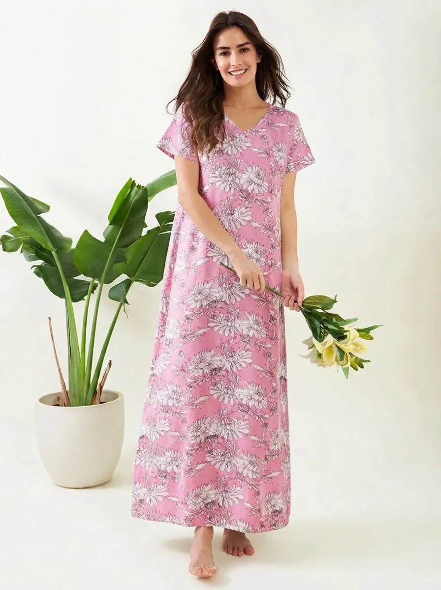 The Kaftan Company Nightdress Pink Floral Sketch Print Viscose Nightdress with Pockets