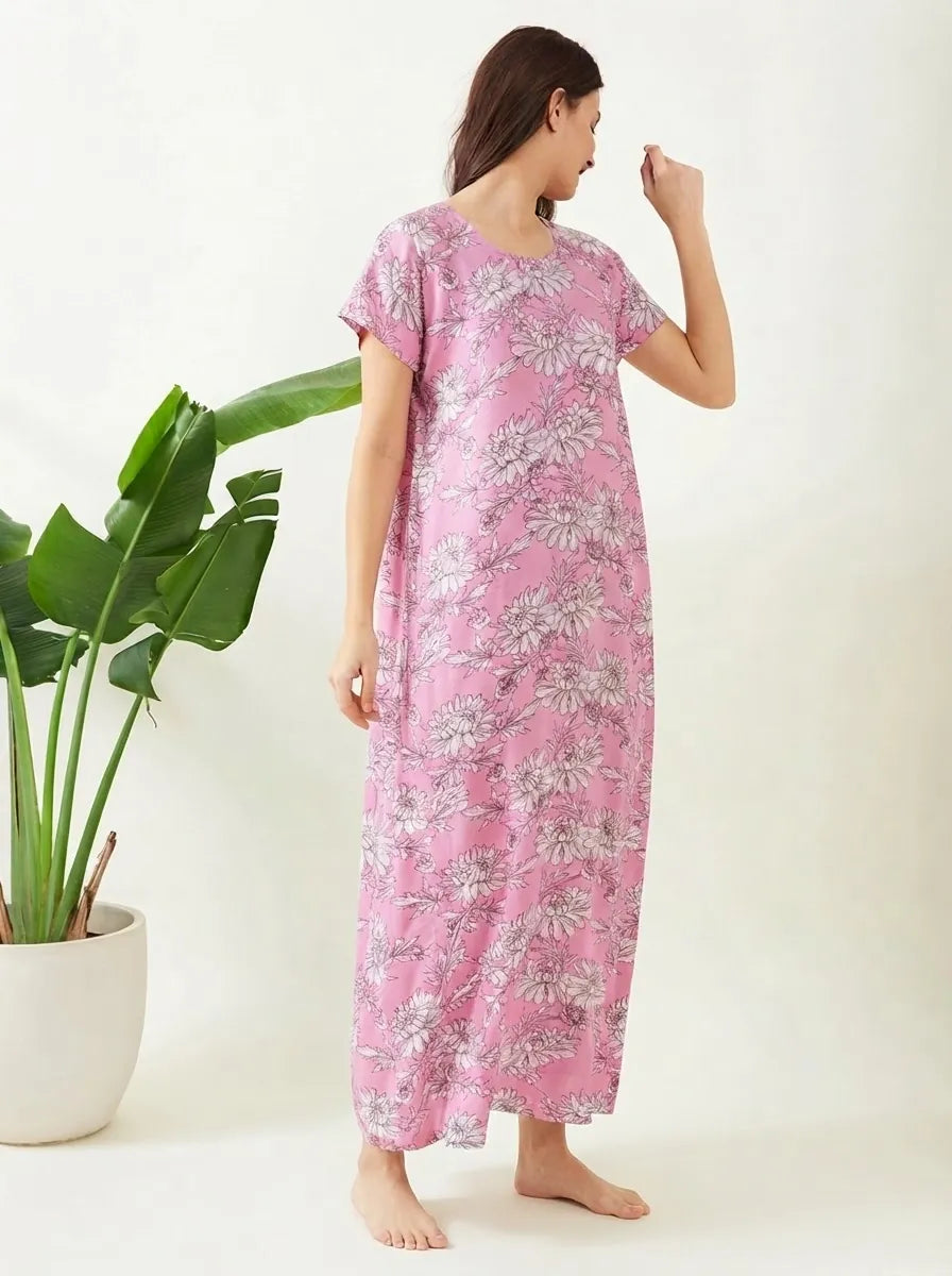 The Kaftan Company Nightdress Pink Floral Sketch Print Viscose Nightdress with Pockets