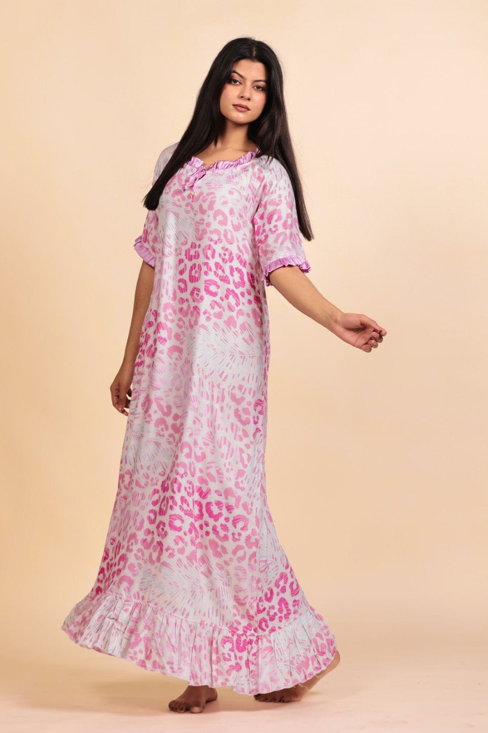 The Kaftan Company Nightdress Pink Leopard Print Viscose Nighty with Ruffled Trim