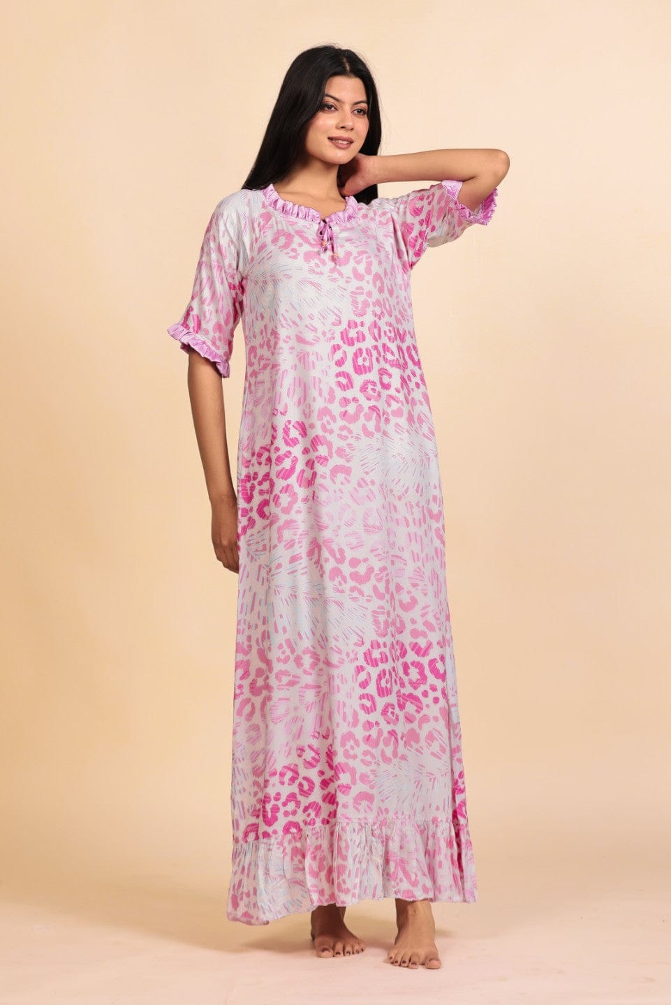 The Kaftan Company Nightdress Pink Leopard Print Viscose Nighty with Ruffled Trim