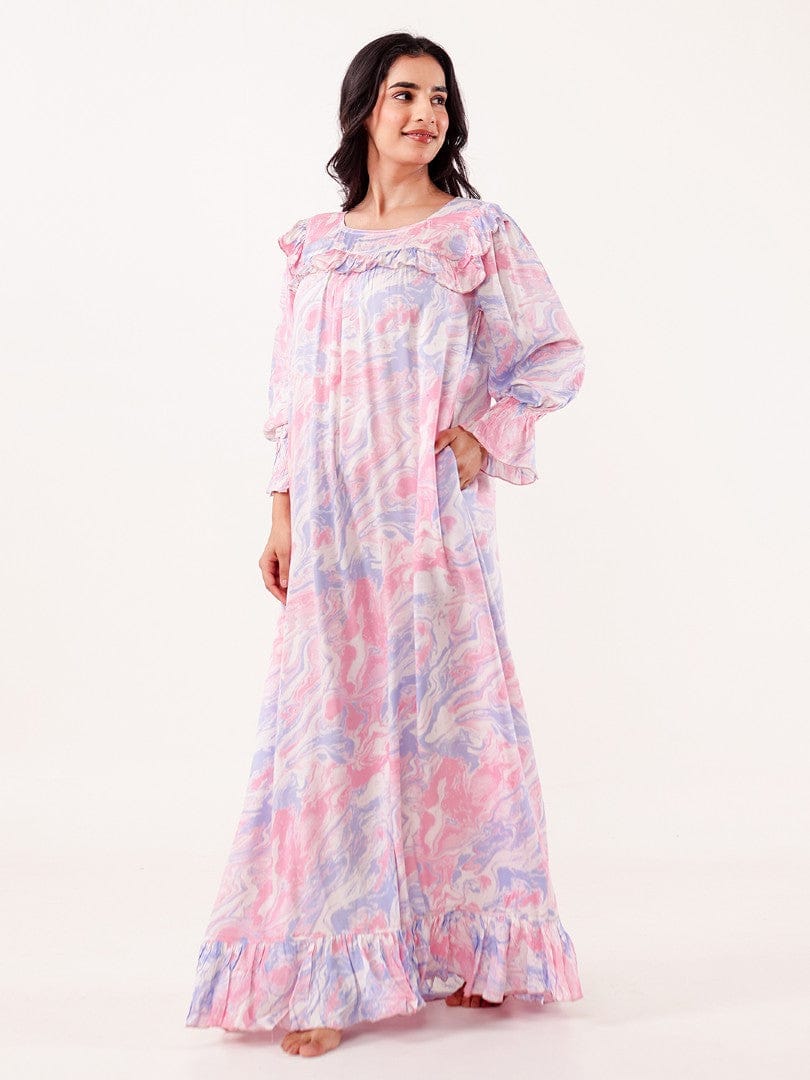 The Kaftan Company Nightdress Pink Marble Printed Viscose Rayon Nightdress