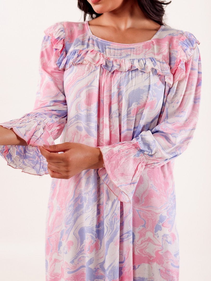 The Kaftan Company Nightdress Pink Marble Printed Viscose Rayon Nightdress