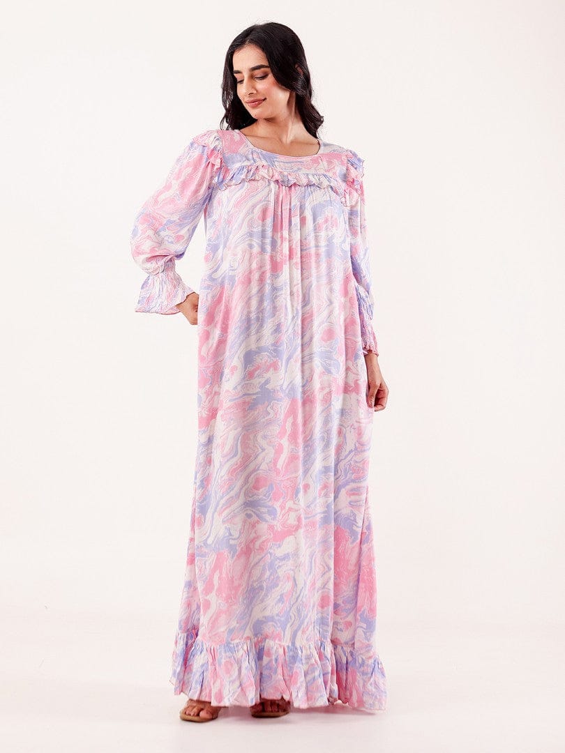 The Kaftan Company Nightdress Pink Marble Printed Viscose Rayon Nightdress