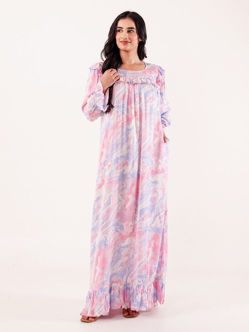 The Kaftan Company Nightdress Pink Marble Printed Viscose Rayon Nightdress