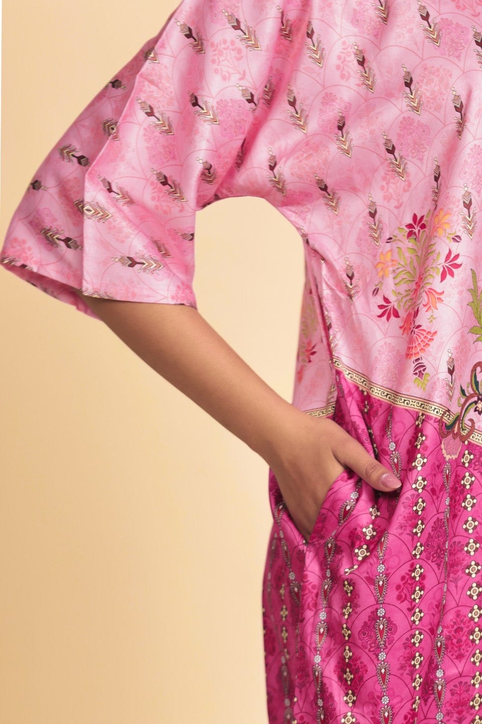 The Kaftan Company Nightdress Pink Ornate Persian-Inspired Print Satin Maxi Nightdress