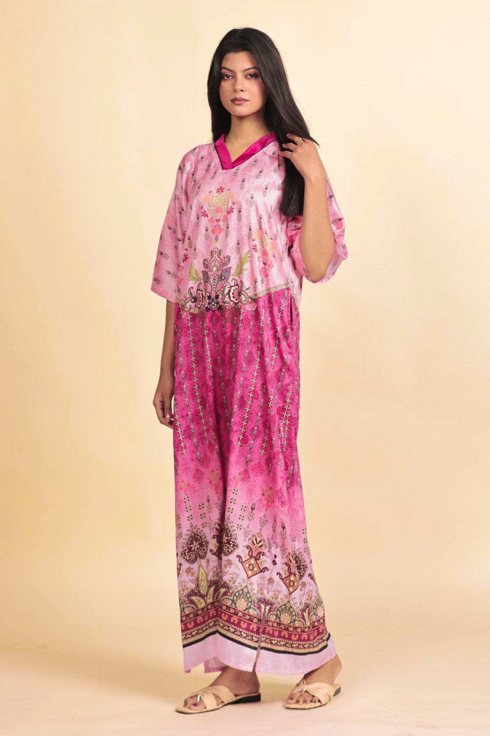 The Kaftan Company Nightdress Pink Ornate Persian-Inspired Print Satin Maxi Nightdress