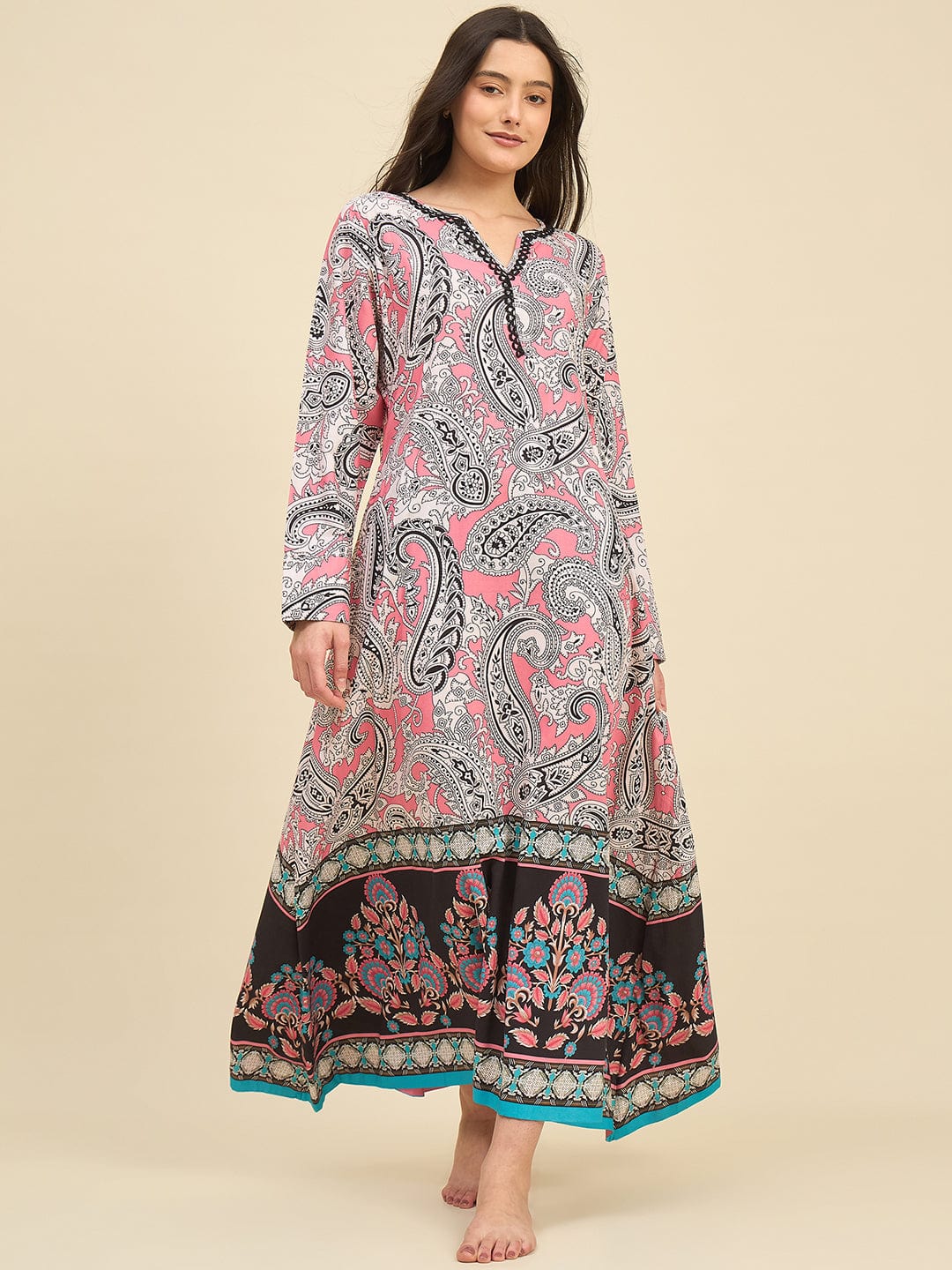 The Kaftan Company Nightdress Pink Paisley Cotton Viscose Nightdress with Lace Neckline