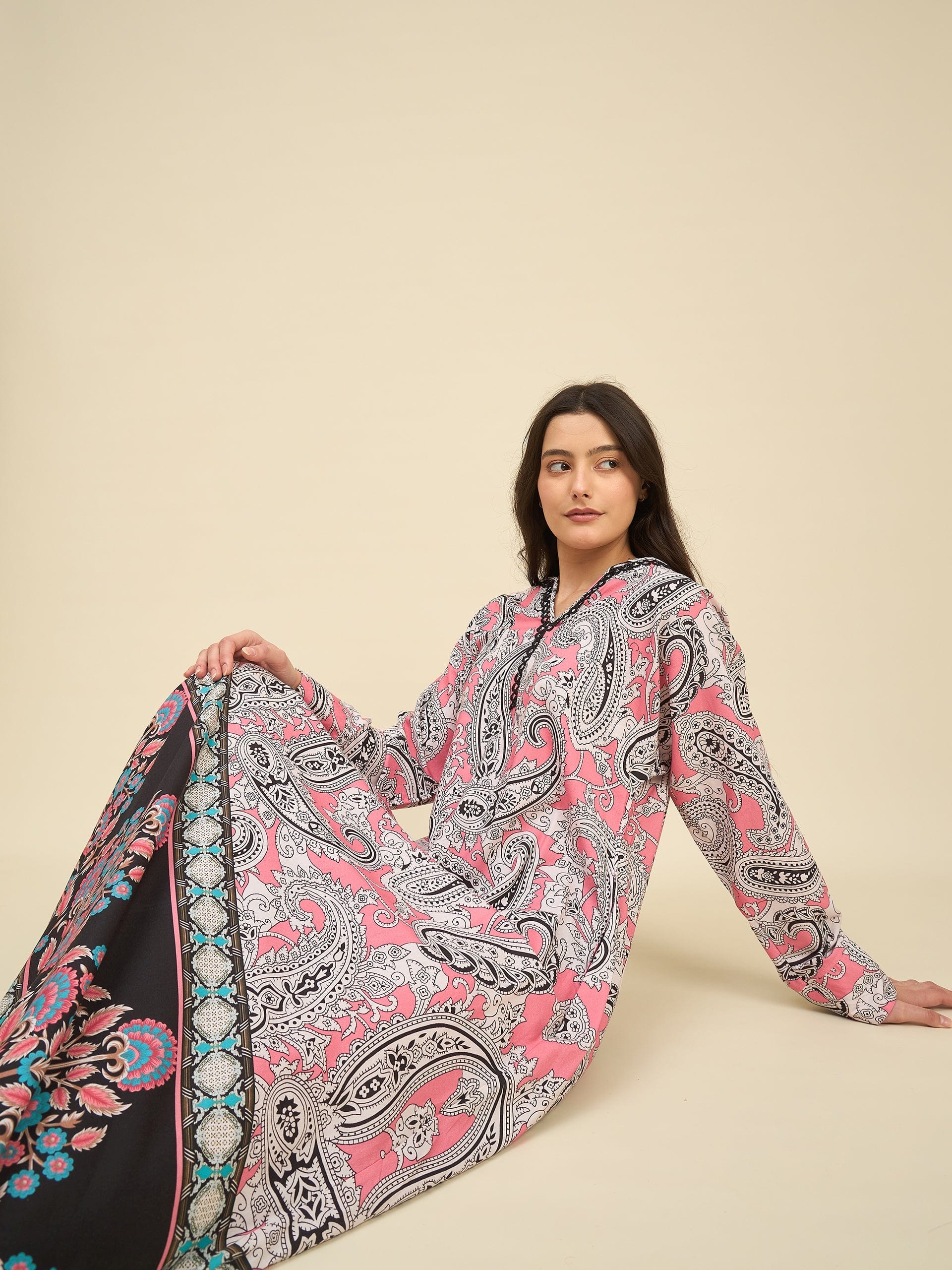 The Kaftan Company Nightdress Pink Paisley Cotton Viscose Nightdress with Lace Neckline