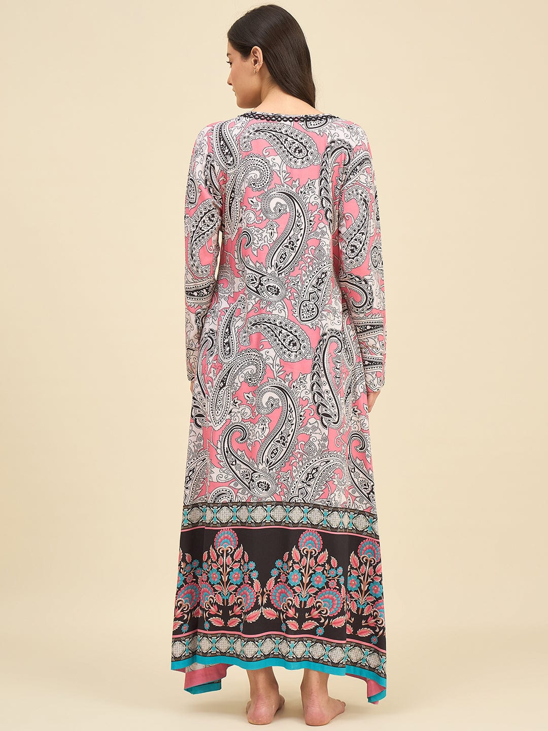 The Kaftan Company Nightdress Pink Paisley Cotton Viscose Nightdress with Lace Neckline