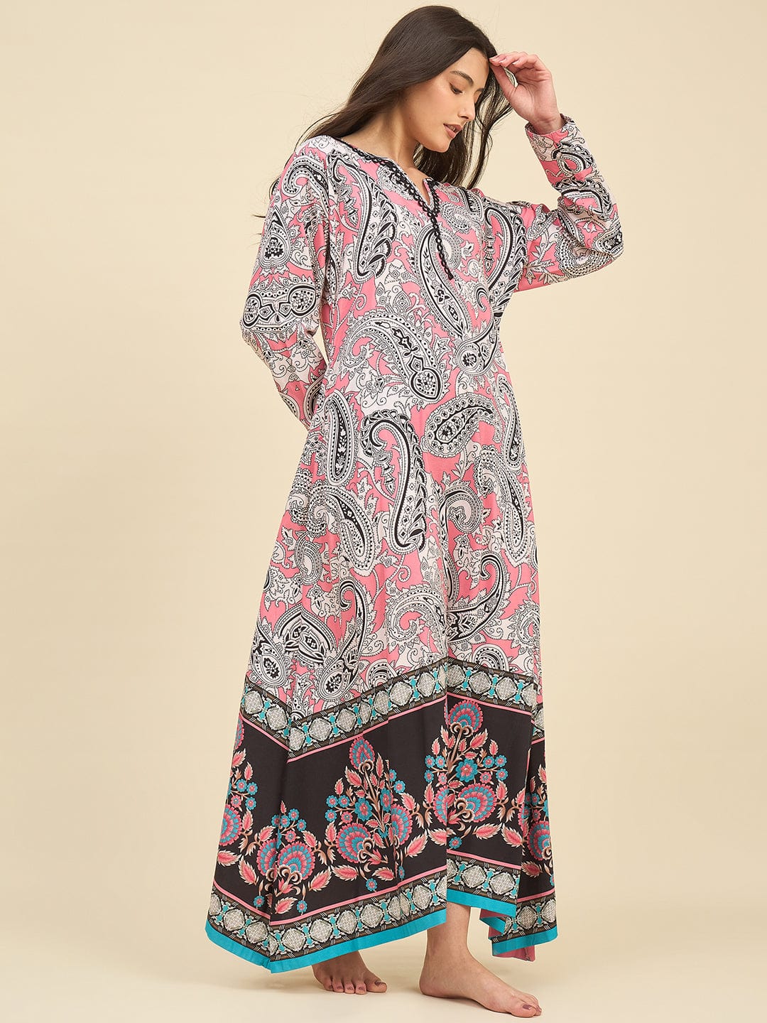 The Kaftan Company Nightdress Pink Paisley Cotton Viscose Nightdress with Lace Neckline