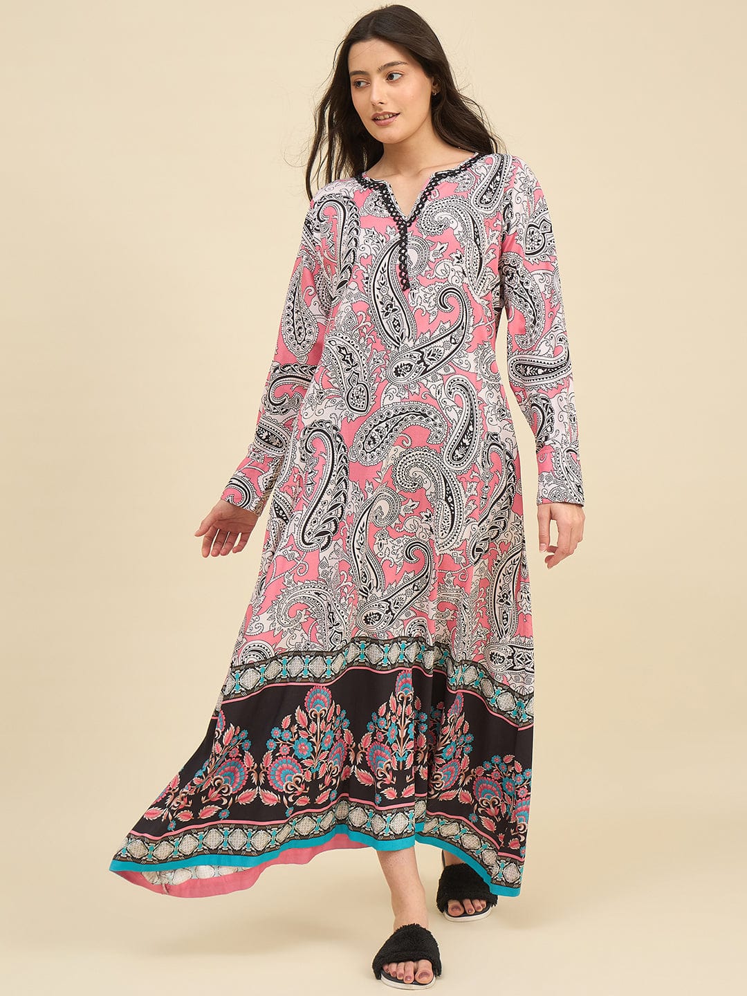 The Kaftan Company Nightdress Pink Paisley Cotton Viscose Nightdress with Lace Neckline