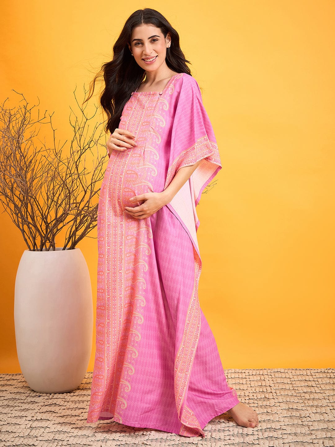 The Kaftan Company Nightdress Pink Paisley Maternity Nursing Lounge Dress