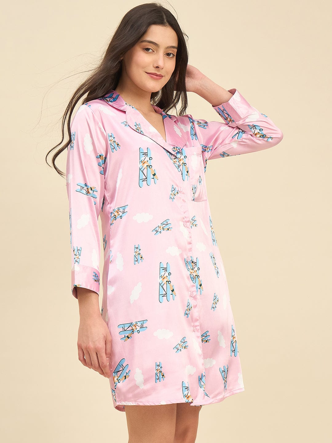 The Kaftan Company Nightdress Pink Satin Sleepshirt with Airplane Print