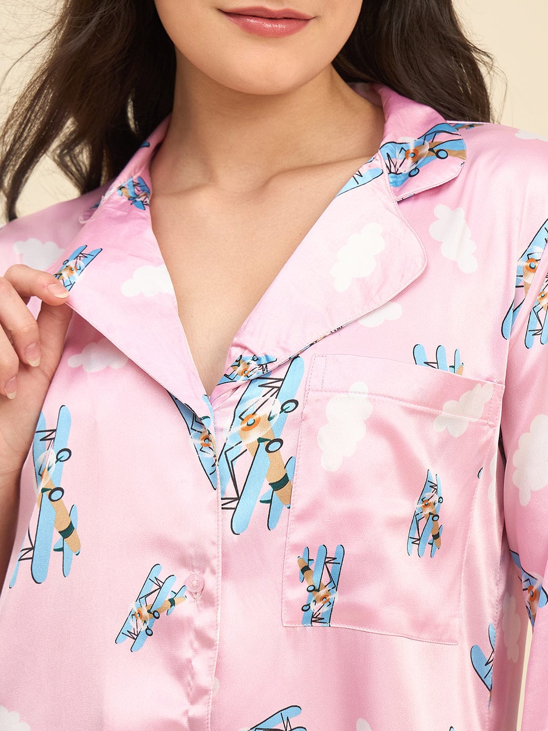 The Kaftan Company Nightdress Pink Satin Sleepshirt with Airplane Print