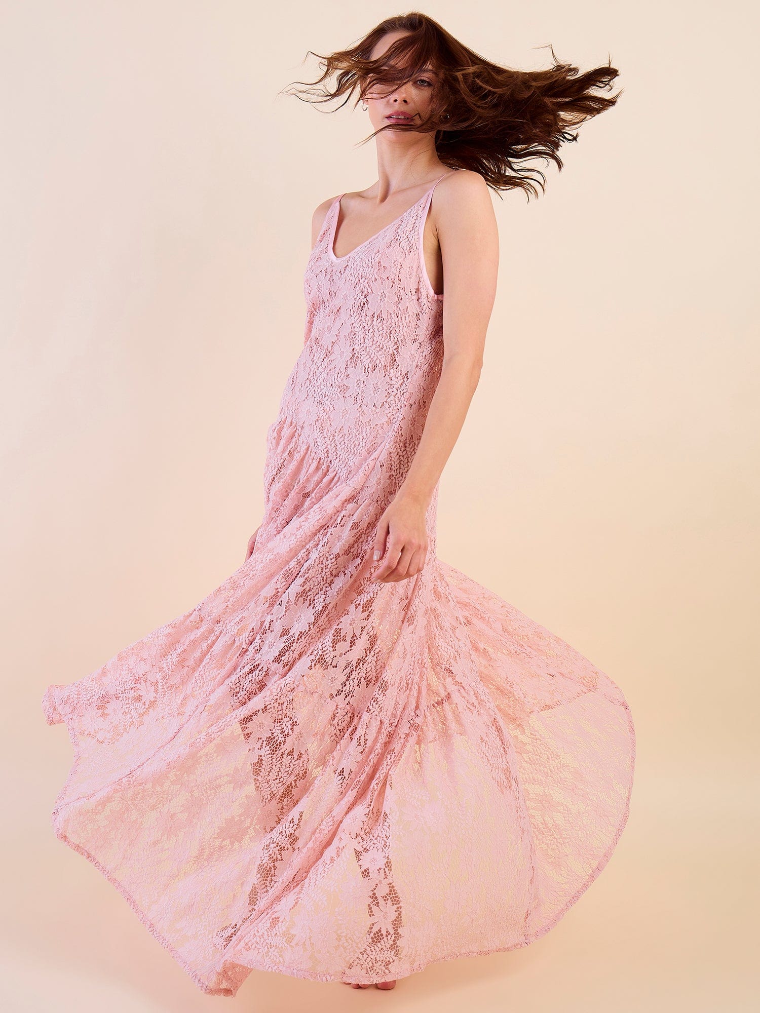 The Kaftan Company Nightdress Pink Strappy Nightdress – Bridal Lace, Flowy Gown Style