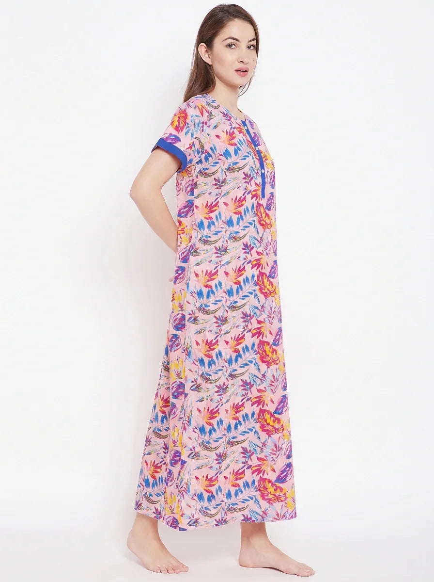The Kaftan Company Nightdress Pink Tropical Leaf Print Cotton Nightdress with Blue Contrast Placket