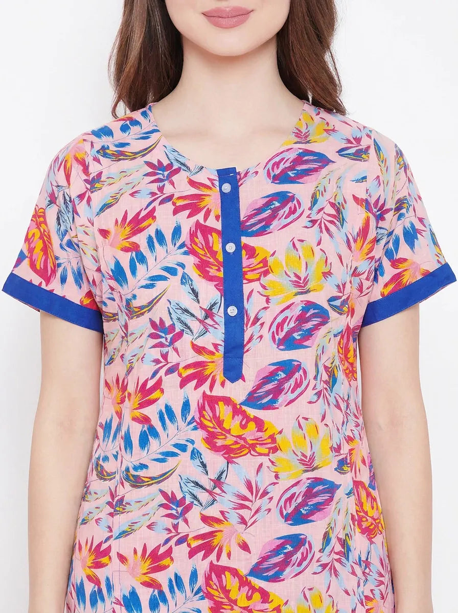 The Kaftan Company Nightdress Pink Tropical Leaf Print Cotton Nightdress with Blue Contrast Placket
