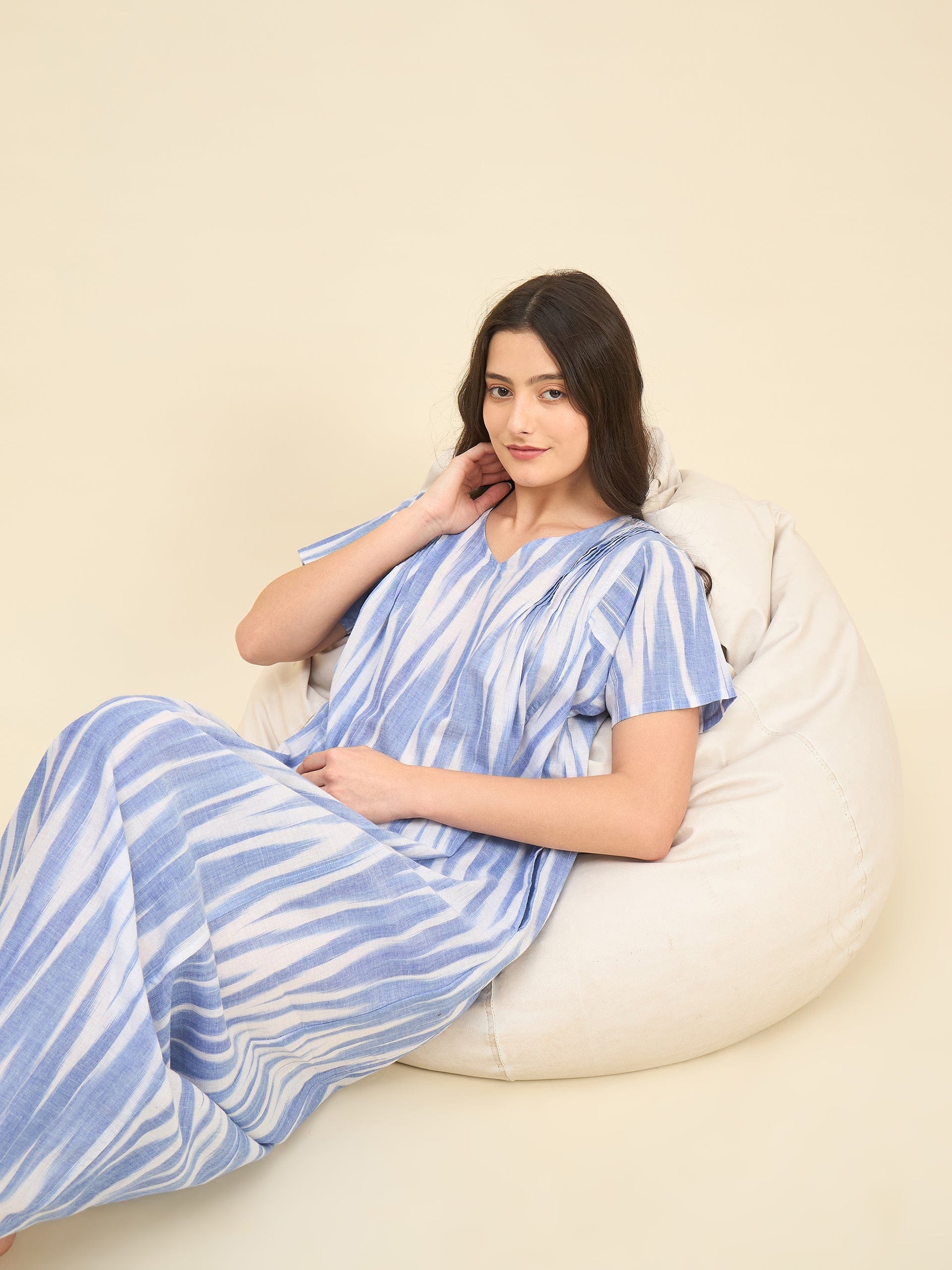 The Kaftan Company Nightdress Purple Ikat Handloom Cotton Nightdress – Relaxed Maxi Fit with Pockets