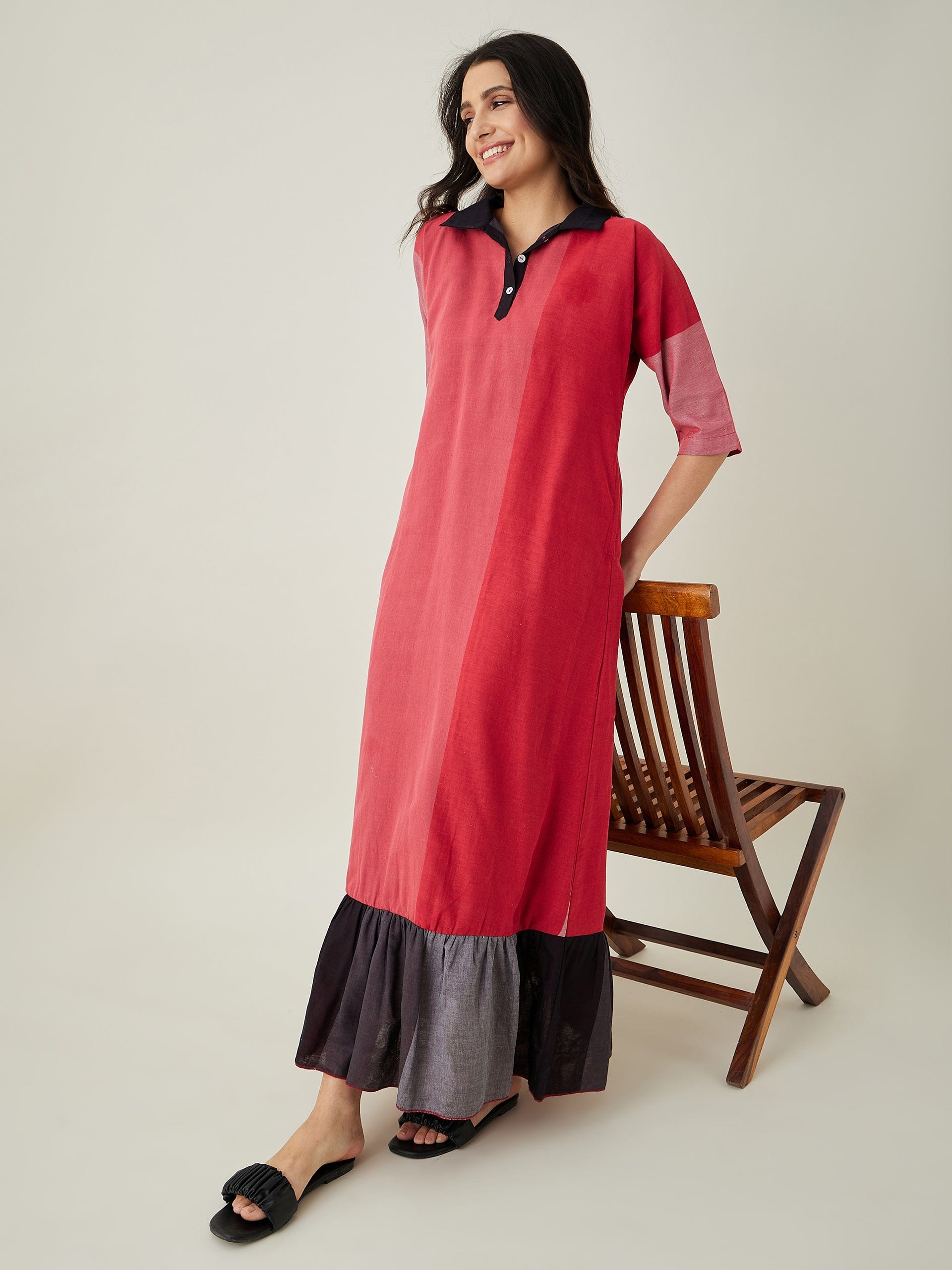 The Kaftan Company Nightdress Red Colorblock Handloom Cotton Nightdress