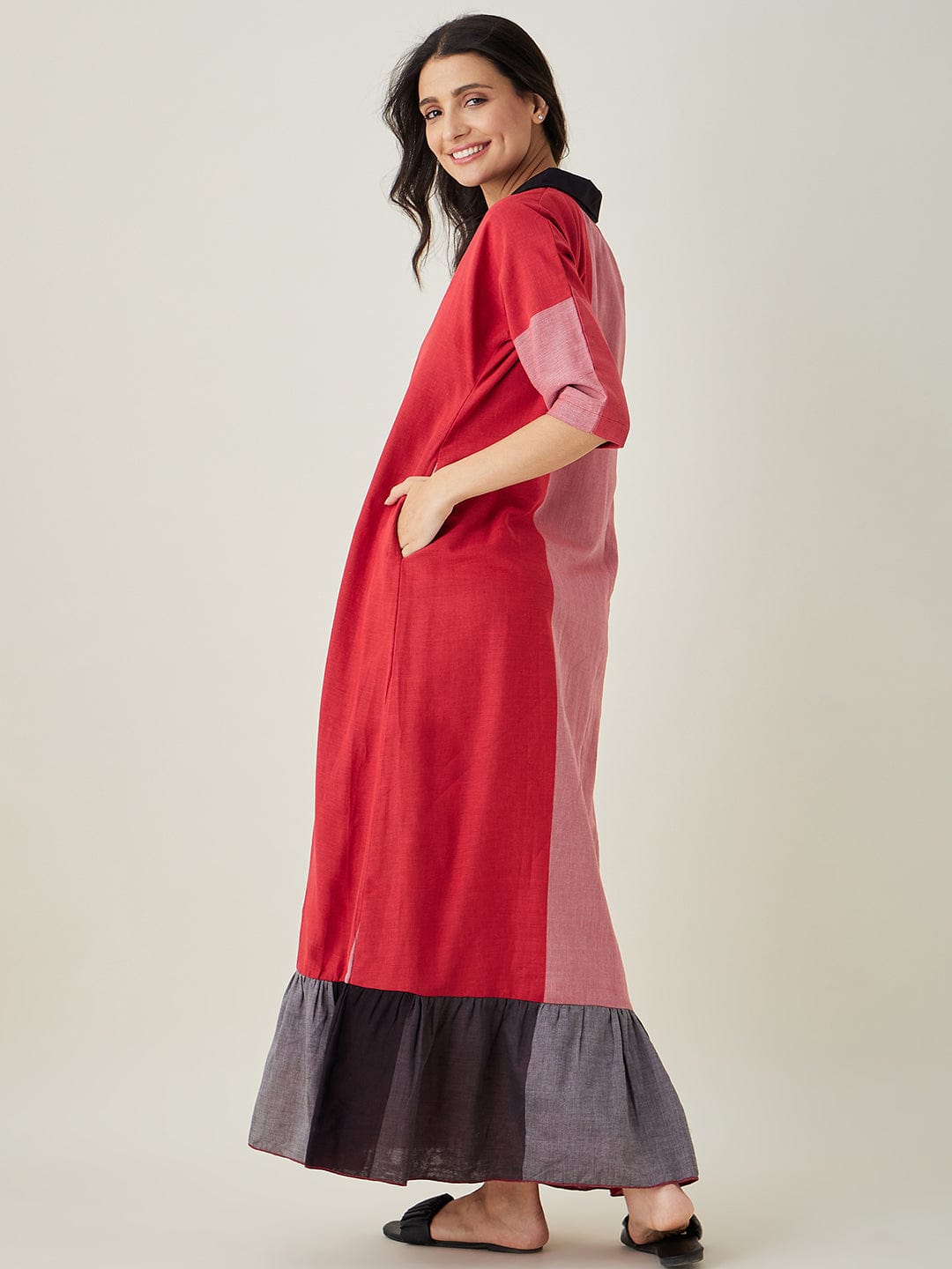 The Kaftan Company Nightdress Red Colorblock Handloom Cotton Nightdress