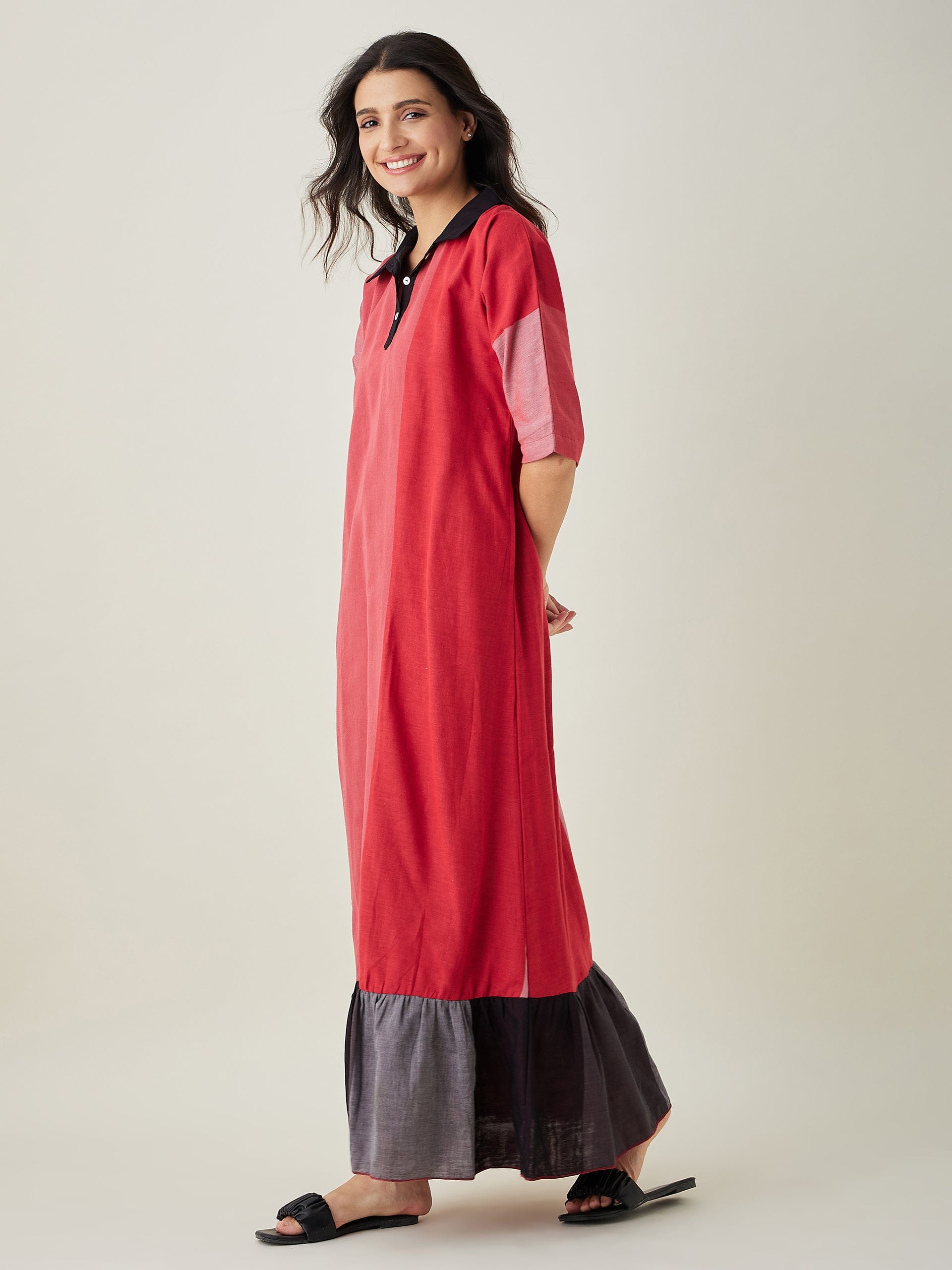 The Kaftan Company Nightdress Red Colorblock Handloom Cotton Nightdress